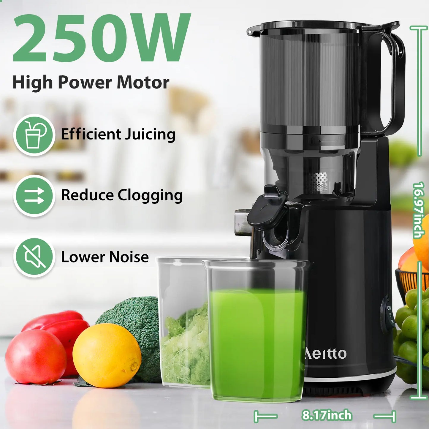 Aeitto Max5 Juicer, Cold Press Juicer with 5.8" Large Feed Chute,1.7L Large Capacity, 250W Whole Masticating Juicers for Vegetable and Fruit, High Juice Yield, Easy to Clean with Brush, Ice Fruit, BPA-Free, Smart recipes App
